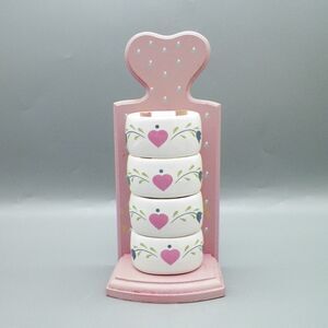 1990's Set of 4 Porcelain Napkin Rings with Stand Hearts Flowers Vintage